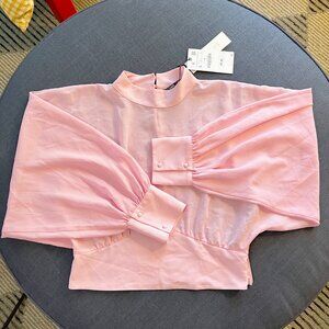 ZARA Women’s Pink Balloon Sleeve Mock Neck Blouse L NWT // Cropped Statement Top
